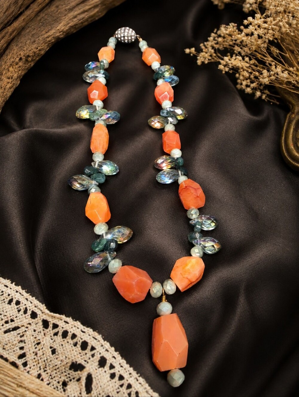 Orange Carnelian & Crystal Statement Necklace 16" Rhinestone Magnetic Clasp